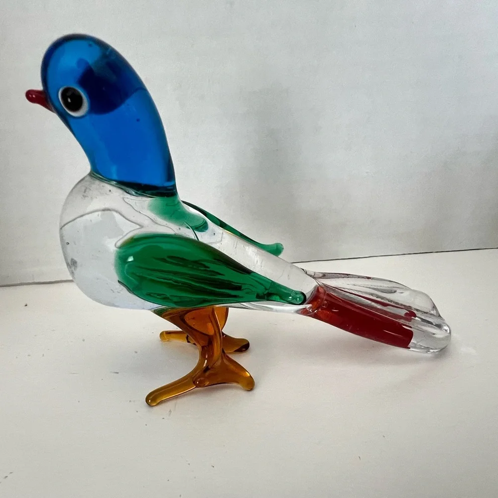 Colorful Glass Bird Figurine Blue/Red/Green/Brown FLAW: Tail tip roughness